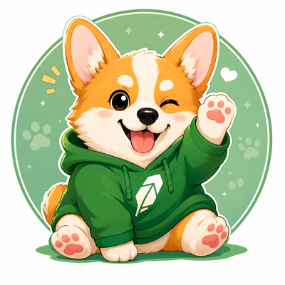 HoodCorgi waving in a green hoodie